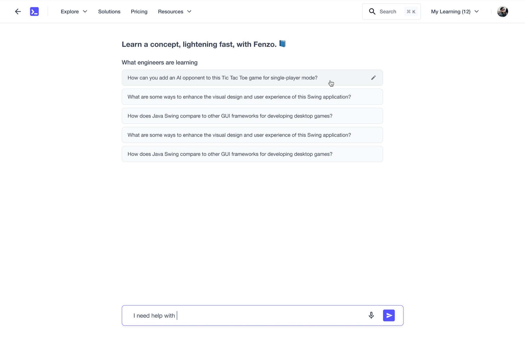 Tailored suggestions page for a selected use case
