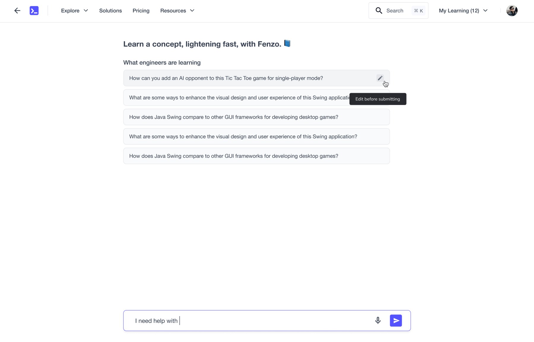 Hover state revealing edit before submitting