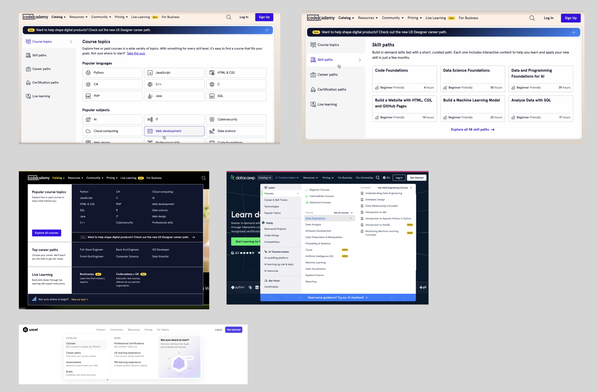 Mega menu patterns from Codecademy, DataCamp and Uxcel