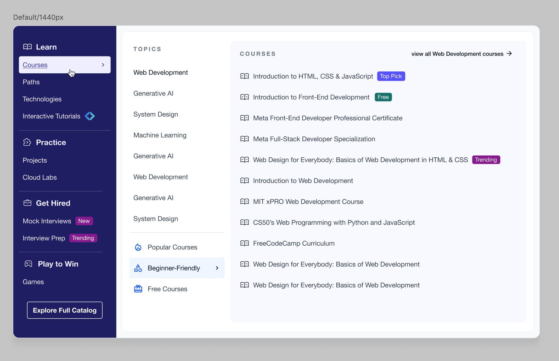 The three-layer Explore mega menu showing primary navigation, topics and courses
