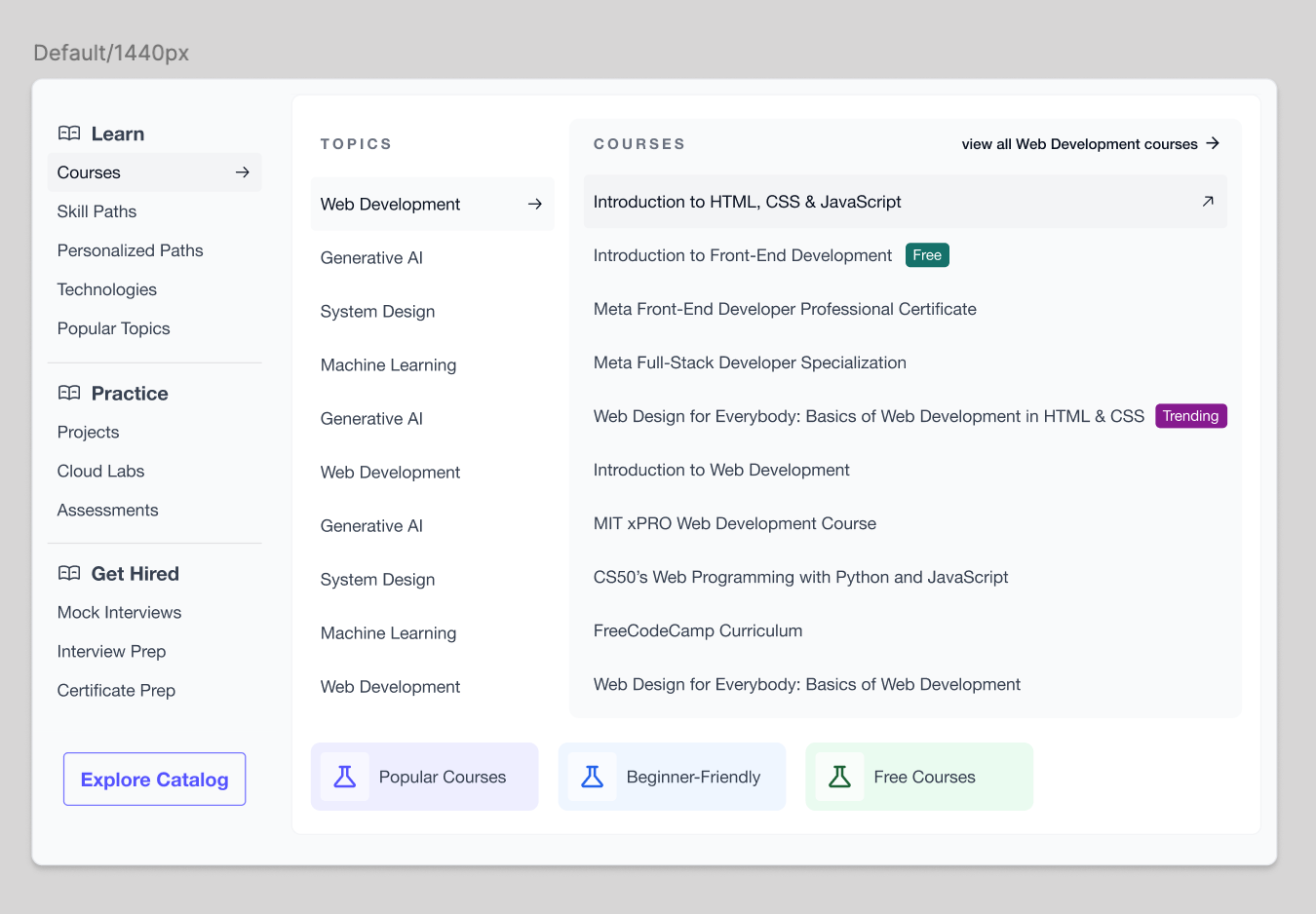 Iteration with the course filter buttons repositioned below the main content