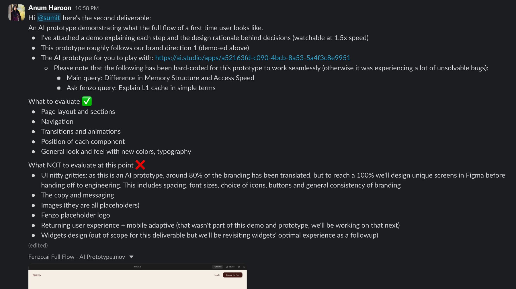 The note framing the prototype review, listing what to evaluate and what not to