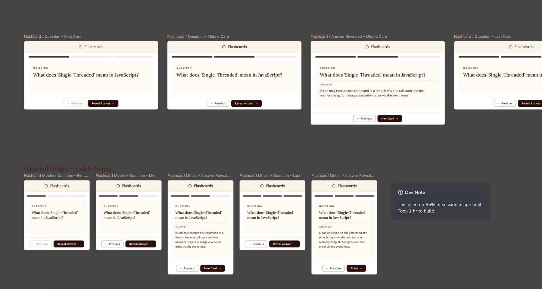 Flashcard widget variants generated by Claude in Figma