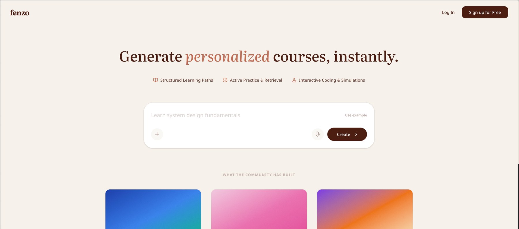 Prototype landing page with course prompt and gradient cards