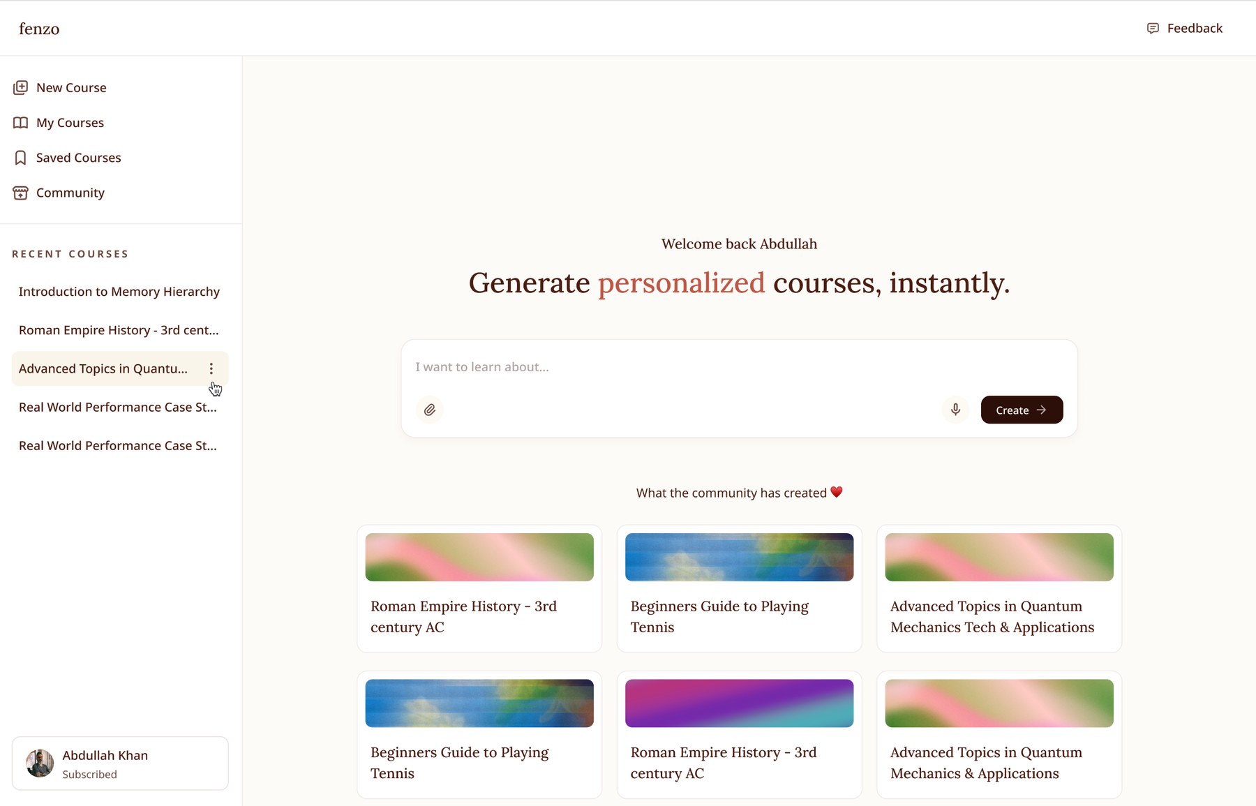 Landing page for a returning learner with saved and community courses