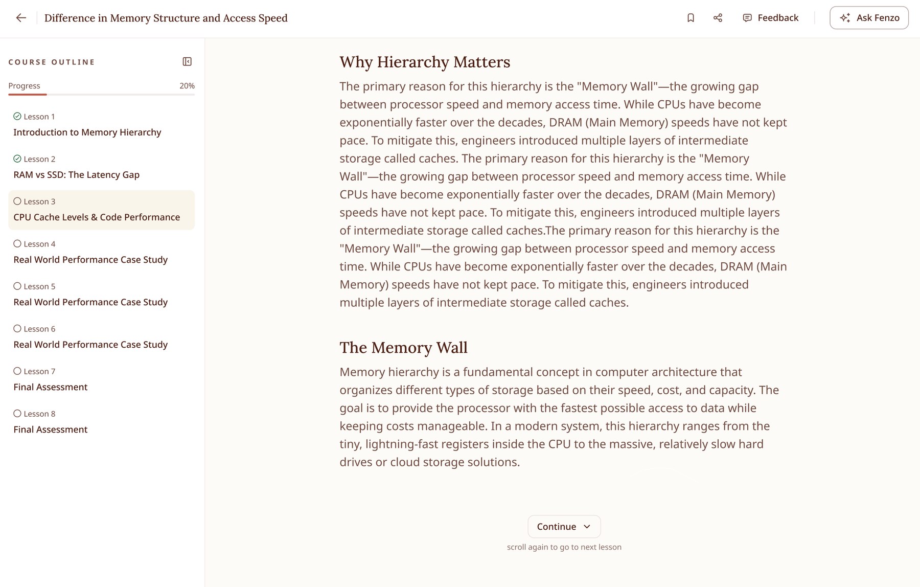 Lesson page with the outline in a different state