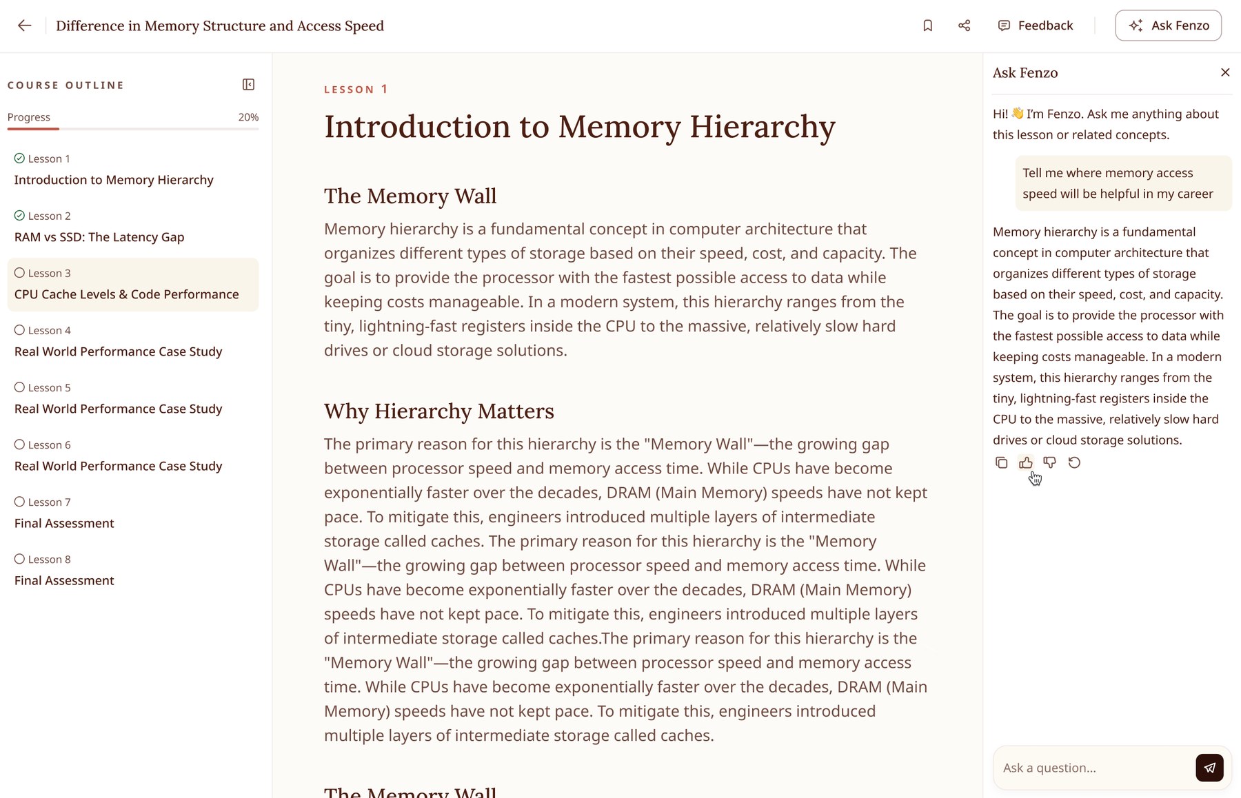 Lesson page with the Ask Fenzo panel open on the right