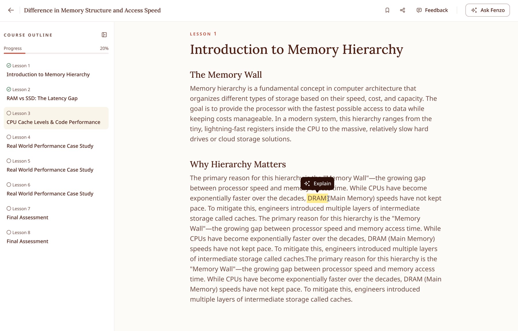 Selecting text in a lesson to explain it