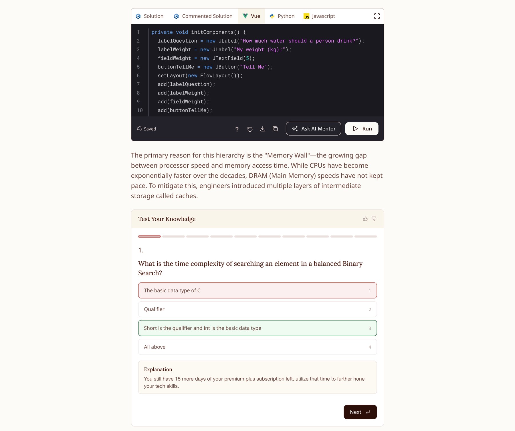Coding environment and quiz widgets inside a lesson